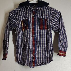 Hartstrings Multicolor Plaid Button Down Shirt with Hood